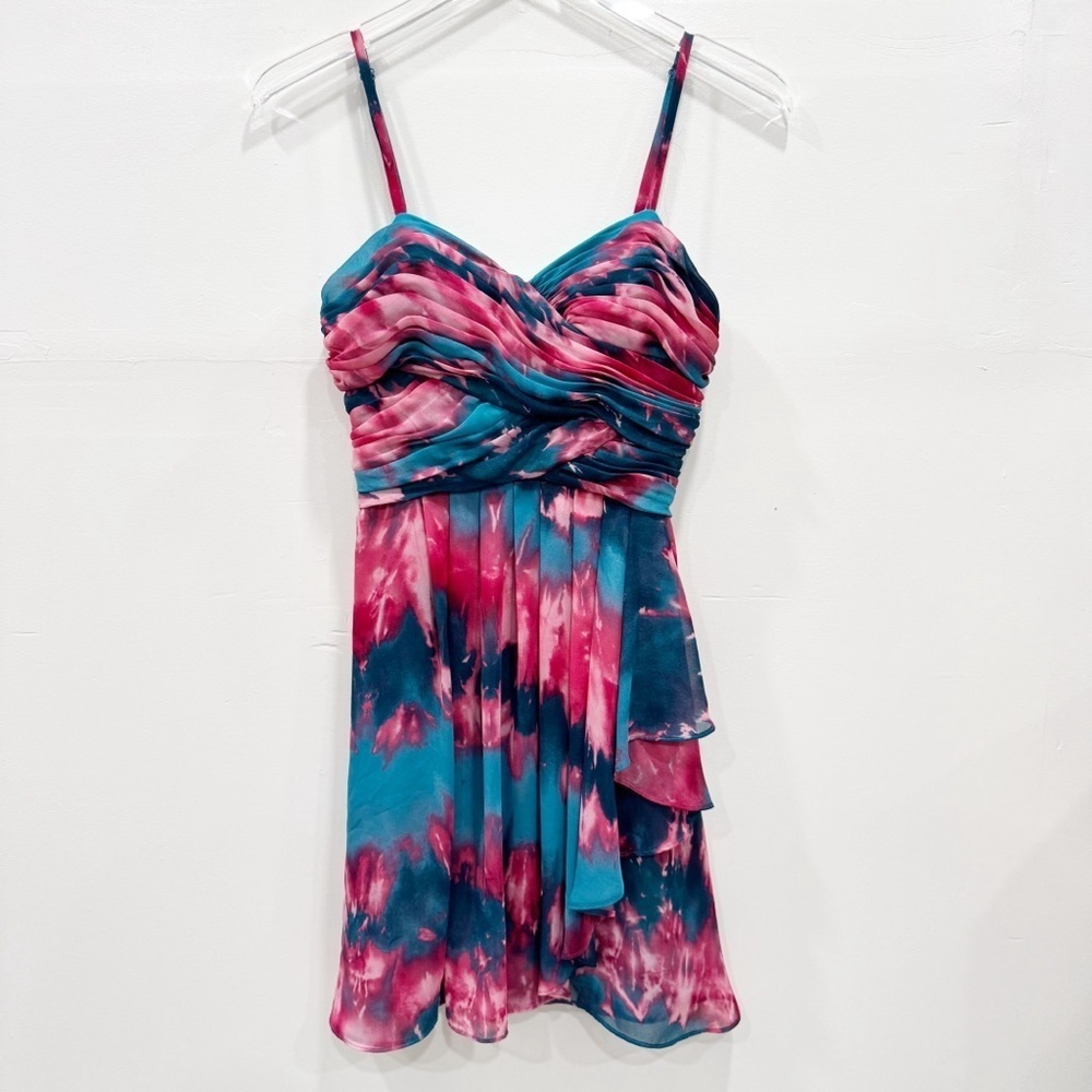 Hailey Logan by Adrianna Papell Watercolor Tie-Dye Chiffon Ruched Dress Y2K 7/8